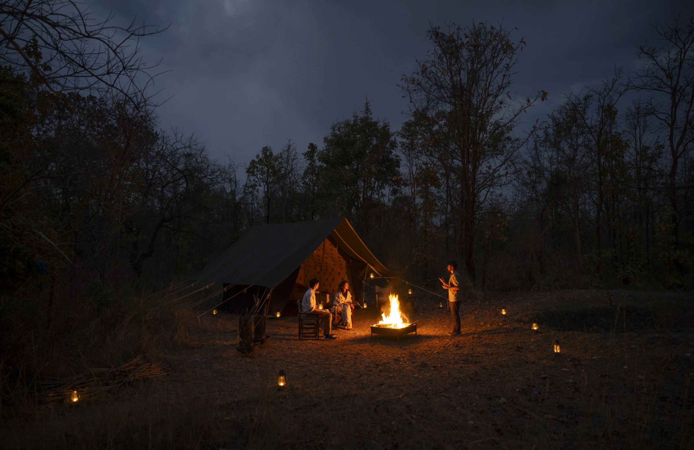 Luxury forest camp beside a bonfire at night