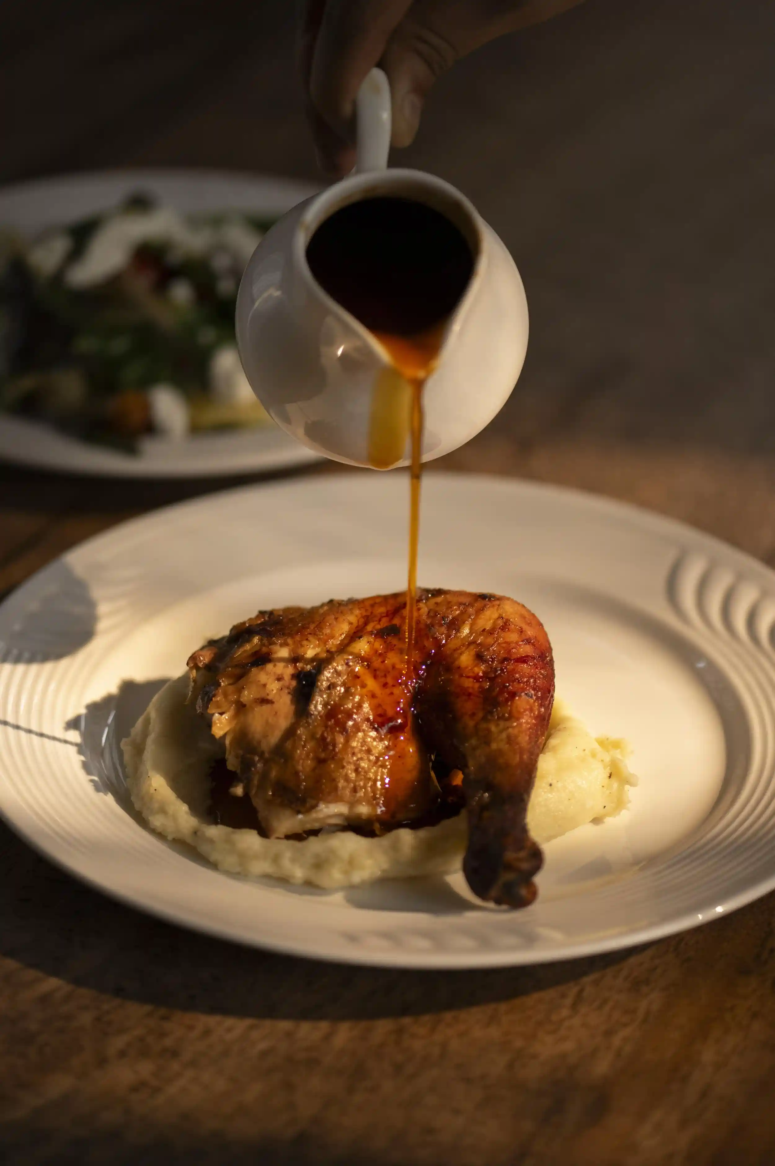 Roasted entrée finished with warm sauce