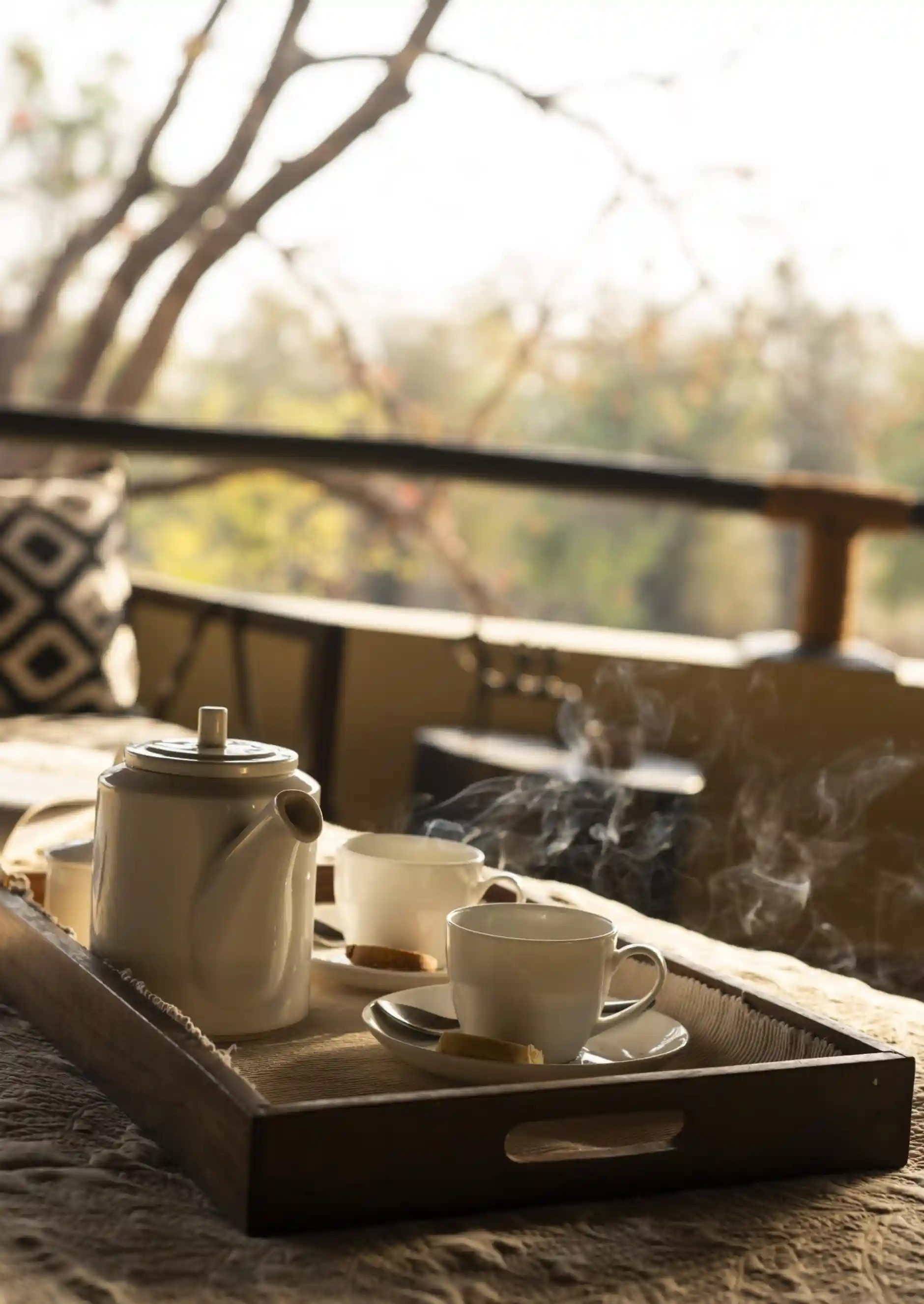 Morning tea served with a forest view